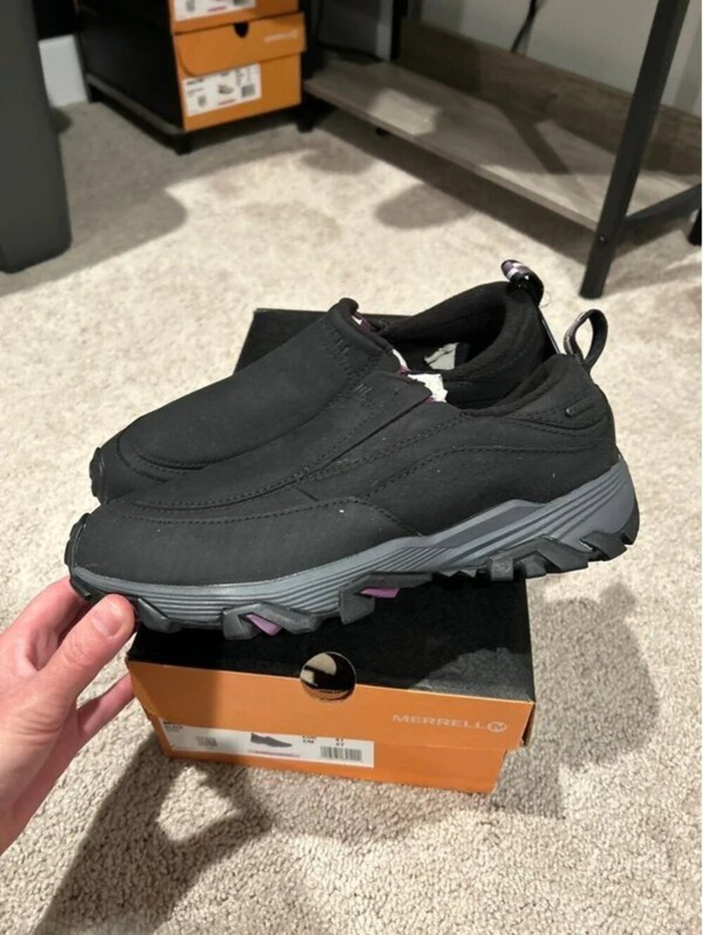 New in box Merrell Coldpack Ice+ Moc WP Black Women's Slip-On Shoes Size 10 wide